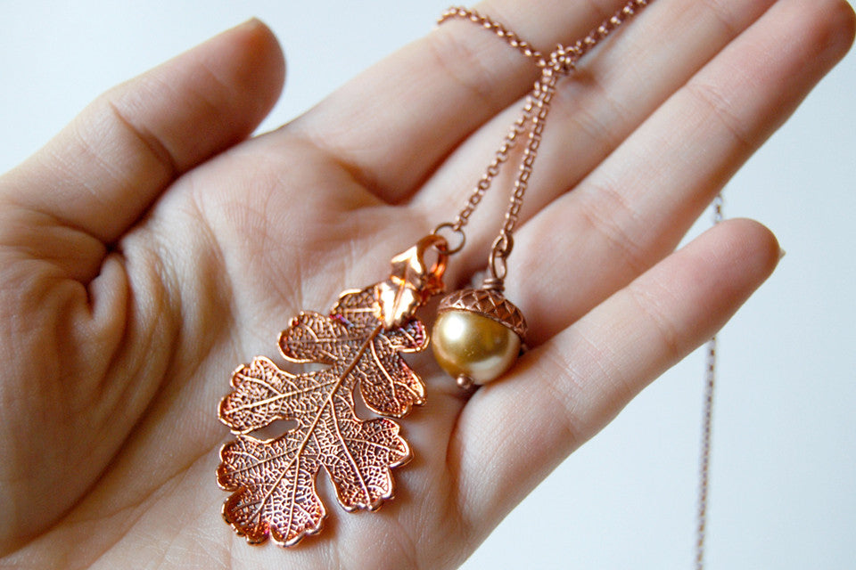 Copper Acorn and Oak Leaf Lariat | Autumn Jewelry | Electroformed Necklace | Fall Leaf Necklace - Enchanted Leaves - Nature Jewelry - Unique Handmade Gifts
