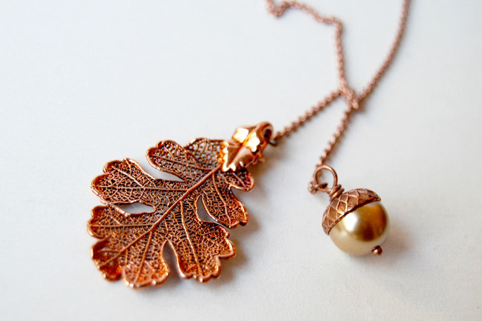 Copper Acorn and Oak Leaf Lariat | Autumn Jewelry | Electroformed Necklace | Fall Leaf Necklace - Enchanted Leaves - Nature Jewelry - Unique Handmade Gifts