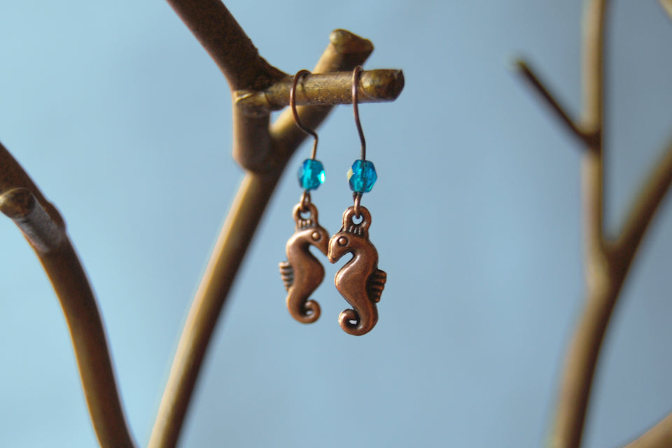 Copper Seahorse Earrings | Cute Sea Horse Charm | Ocean Jewelry - Enchanted Leaves - Nature Jewelry - Unique Handmade Gifts