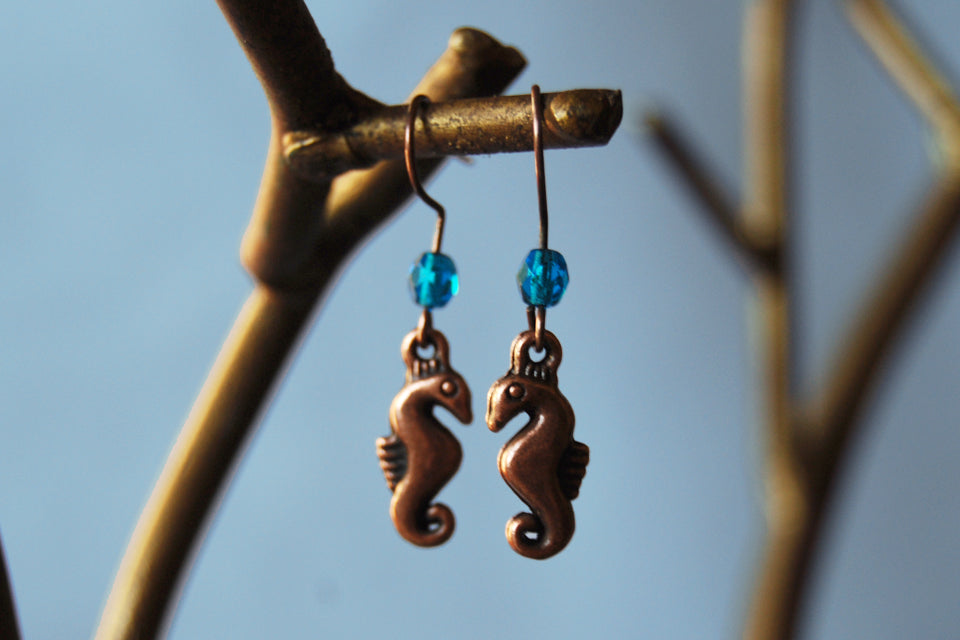 Copper Seahorse Earrings | Cute Sea Horse Charm | Ocean Jewelry - Enchanted Leaves - Nature Jewelry - Unique Handmade Gifts