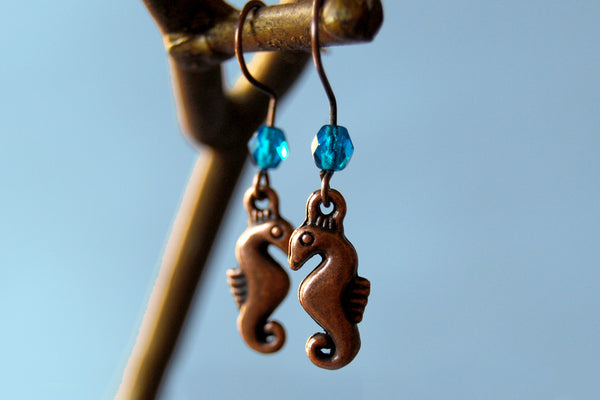 Copper Seahorse Earrings | Cute Sea Horse Charm | Ocean Jewelry - Enchanted Leaves - Nature Jewelry - Unique Handmade Gifts