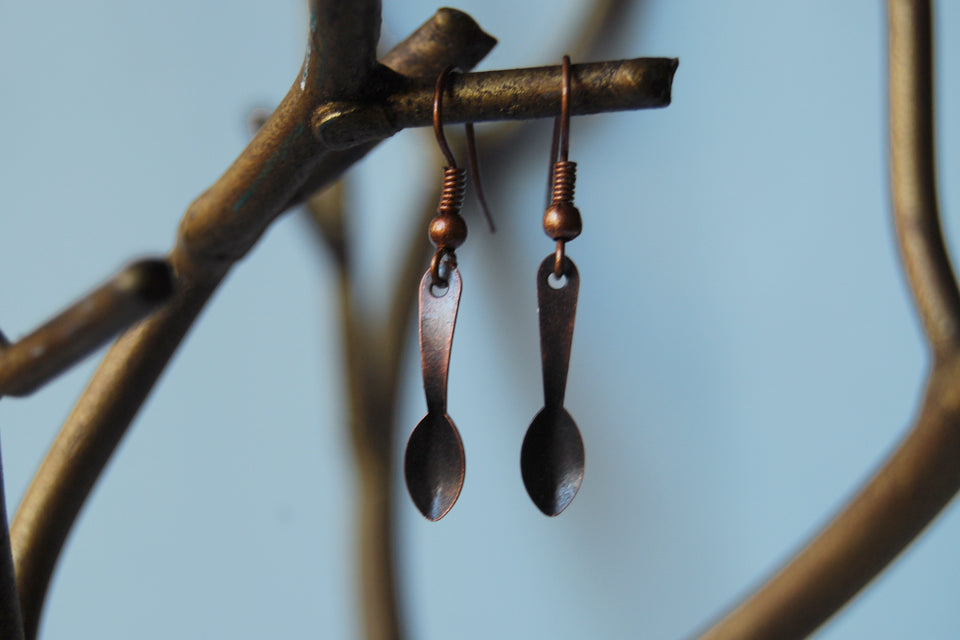 Tiny Copper Utensil Earrings - Enchanted Leaves - Nature Jewelry - Unique Handmade Gifts