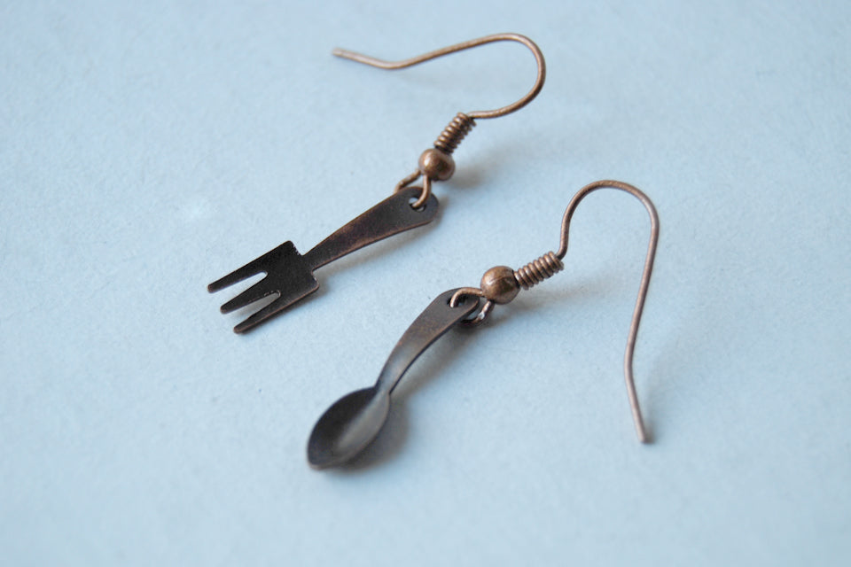 Tiny Copper Utensil Earrings - Enchanted Leaves - Nature Jewelry - Unique Handmade Gifts