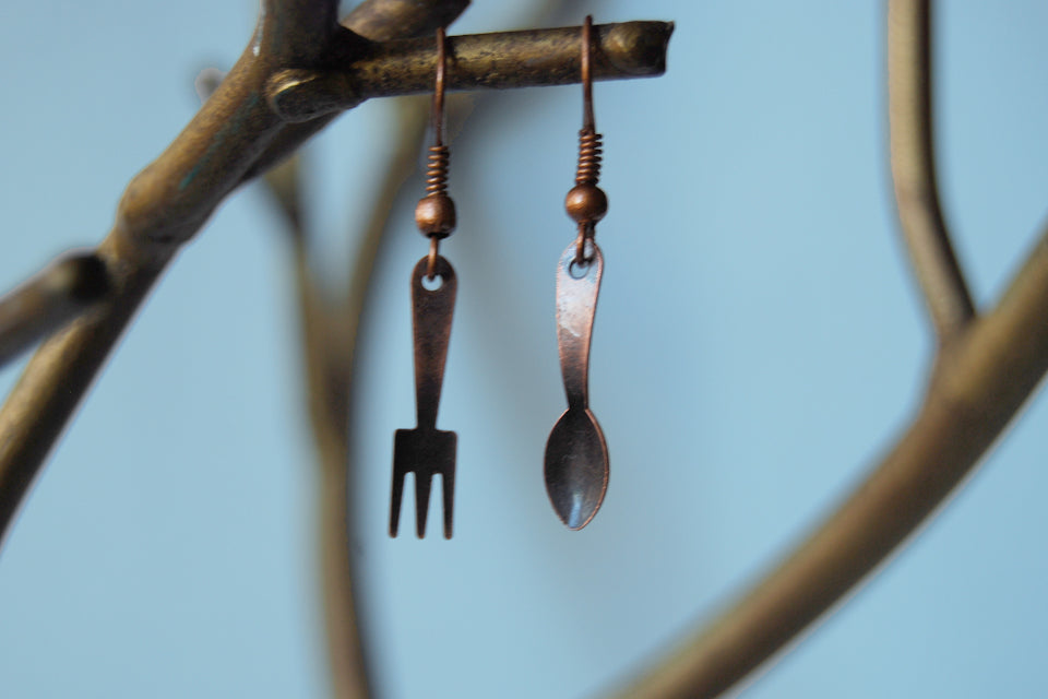 Tiny Copper Utensil Earrings - Enchanted Leaves - Nature Jewelry - Unique Handmade Gifts