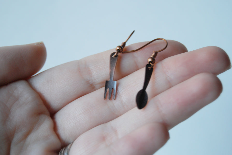 Tiny Copper Utensil Earrings - Enchanted Leaves - Nature Jewelry - Unique Handmade Gifts
