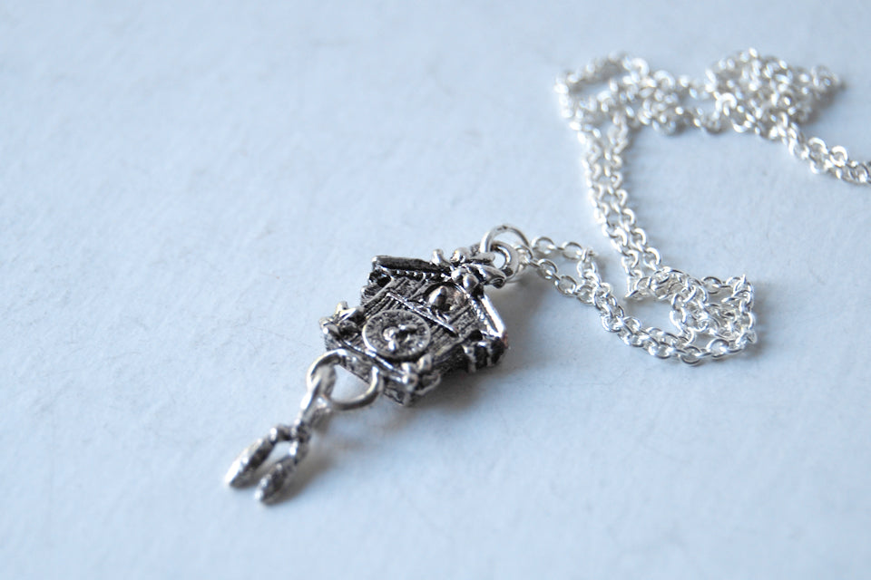 Cuckoo Clock Necklace | Cute Silver Charm Necklace - Enchanted Leaves - Nature Jewelry - Unique Handmade Gifts