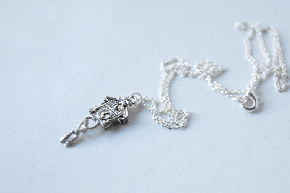 Cuckoo Clock Necklace | Cute Silver Charm Necklace - Enchanted Leaves - Nature Jewelry - Unique Handmade Gifts