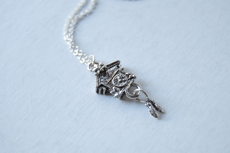 Cuckoo Clock Necklace | Cute Silver Charm Necklace - Enchanted Leaves - Nature Jewelry - Unique Handmade Gifts