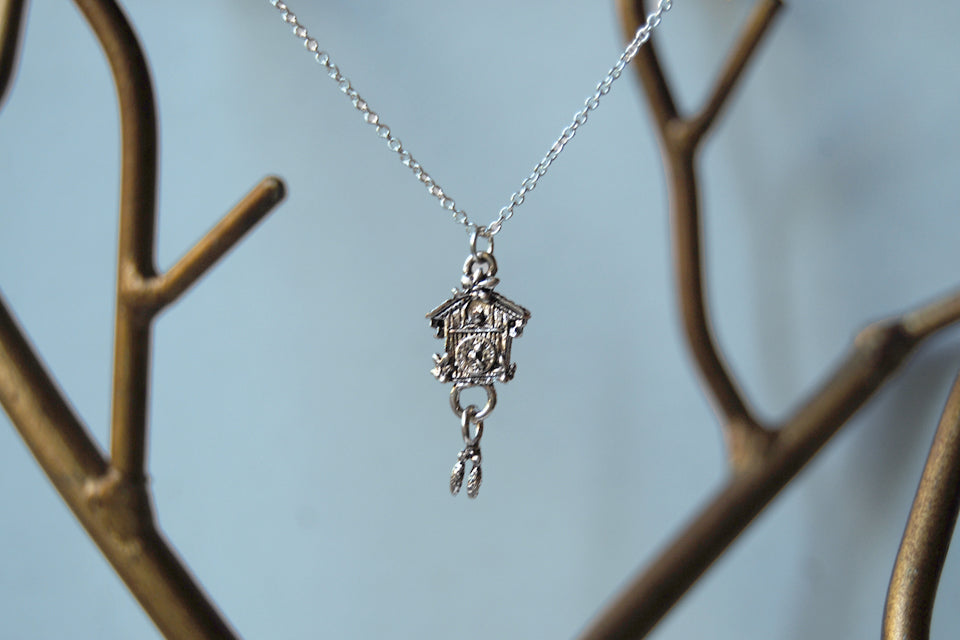 Cuckoo Clock Necklace | Cute Silver Charm Necklace - Enchanted Leaves - Nature Jewelry - Unique Handmade Gifts