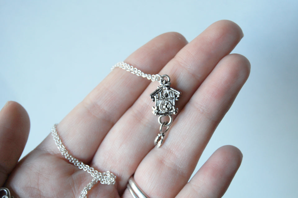Cuckoo Clock Necklace | Cute Silver Charm Necklace - Enchanted Leaves - Nature Jewelry - Unique Handmade Gifts
