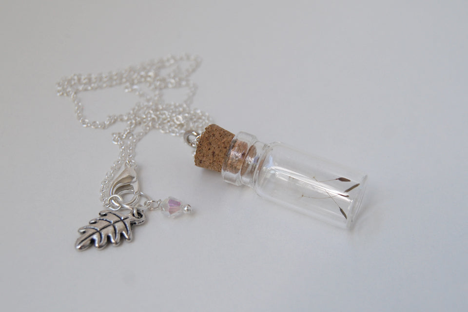 Four Wishes | Dandelion Wish Bottle Necklace | Whimsical Dandelion Terrarium Necklace - Enchanted Leaves - Nature Jewelry - Unique Handmade Gifts