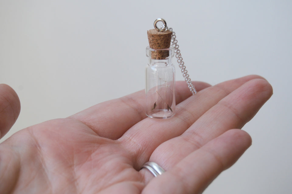 Four Wishes | Dandelion Wish Bottle Necklace | Whimsical Dandelion Terrarium Necklace - Enchanted Leaves - Nature Jewelry - Unique Handmade Gifts
