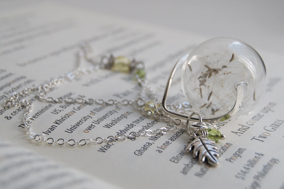 Dandelion Wish Orb Necklace | Large Glass Dandelion Necklace | Real Dandelion Wishes Pendant | Whimsical Gift - Enchanted Leaves - Nature Jewelry - Unique Handmade Gifts