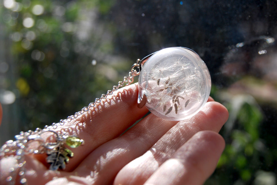 Dandelion Wish Orb Necklace | Large Glass Dandelion Necklace | Real Dandelion Wishes Pendant | Whimsical Gift - Enchanted Leaves - Nature Jewelry - Unique Handmade Gifts