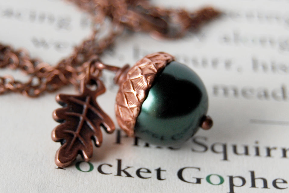 Forest & Copper Acorn Necklace | Nature Jewelry | Woodland Pearl Acorn | Fall Acorn Charm Necklace - Enchanted Leaves - Nature Jewelry - Unique Handmade Gifts