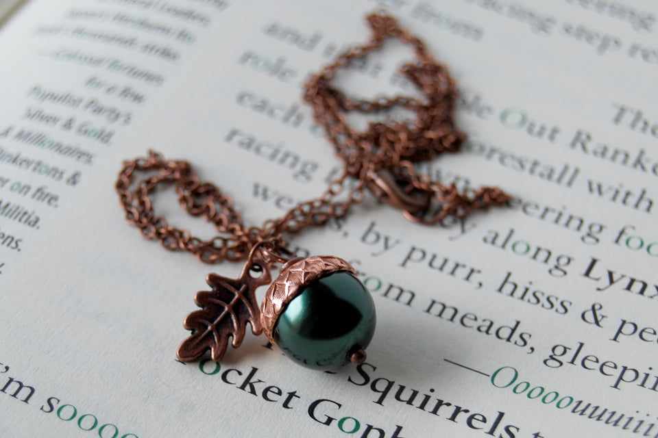 Forest & Copper Acorn Necklace | Nature Jewelry | Woodland Pearl Acorn | Fall Acorn Charm Necklace - Enchanted Leaves - Nature Jewelry - Unique Handmade Gifts
