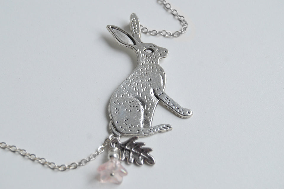 Forest Rabbit Necklace | Large Silver Rabbit Pendant | Cute Bunny Necklace - Enchanted Leaves - Nature Jewelry - Unique Handmade Gifts