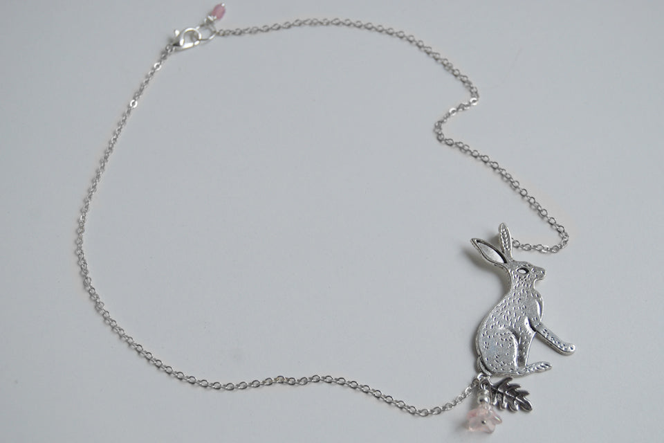 Forest Rabbit Necklace | Large Silver Rabbit Pendant | Cute Bunny Necklace - Enchanted Leaves - Nature Jewelry - Unique Handmade Gifts