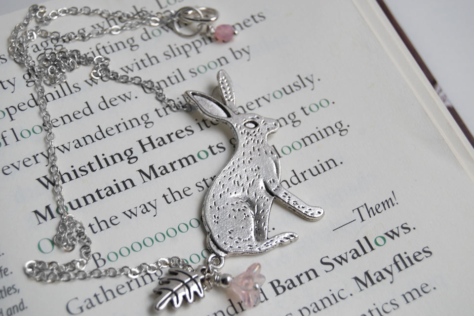 Forest Rabbit Necklace | Large Silver Rabbit Pendant | Cute Bunny Necklace - Enchanted Leaves - Nature Jewelry - Unique Handmade Gifts