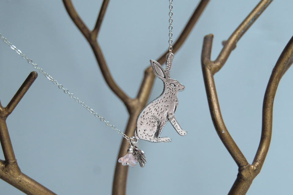 Forest Rabbit Necklace | Large Silver Rabbit Pendant | Cute Bunny Necklace - Enchanted Leaves - Nature Jewelry - Unique Handmade Gifts