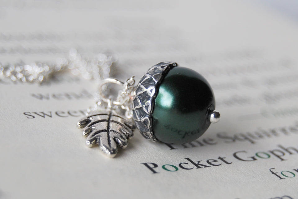 Forest & Silver Acorn Necklace | Nature Jewelry | Woodland Pearl Acorn | Fall Acorn Charm Necklace - Enchanted Leaves - Nature Jewelry - Unique Handmade Gifts