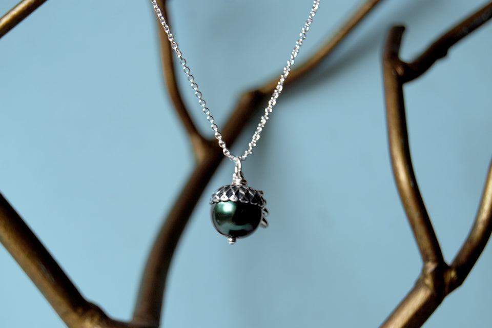 Forest & Silver Acorn Necklace | Nature Jewelry | Woodland Pearl Acorn | Fall Acorn Charm Necklace - Enchanted Leaves - Nature Jewelry - Unique Handmade Gifts