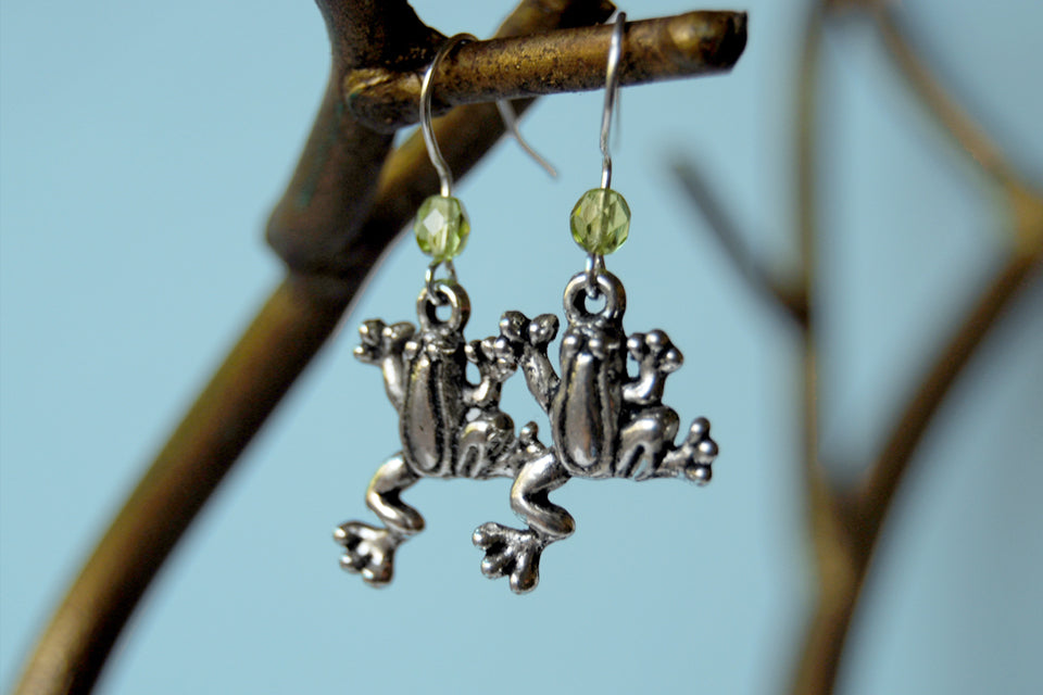 Silver Frog Earrings | Frog Charm Earrings | Cute Frog Jewelry - Enchanted Leaves - Nature Jewelry - Unique Handmade Gifts