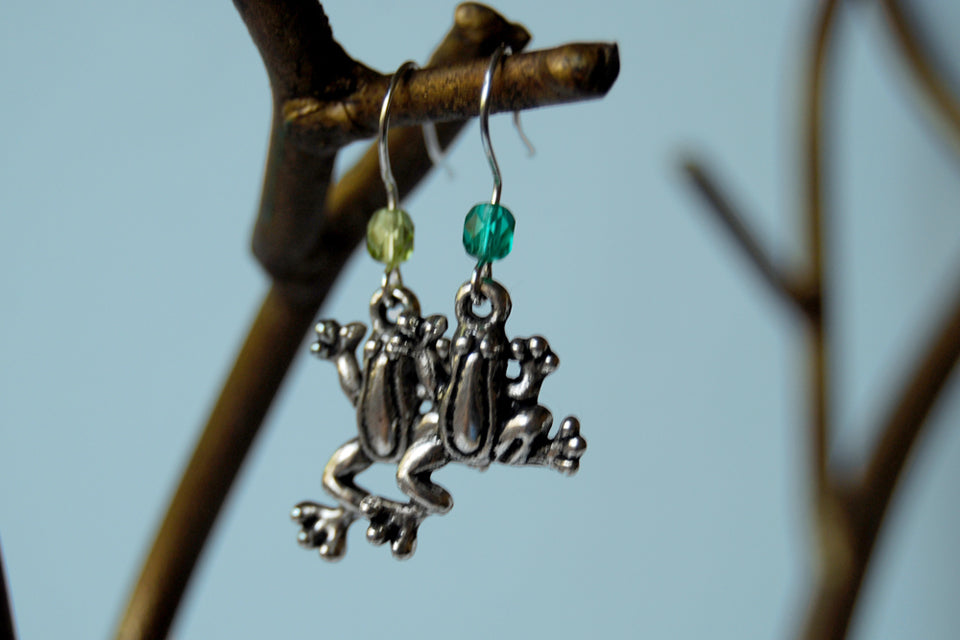 Silver Frog Earrings | Frog Charm Earrings | Cute Frog Jewelry - Enchanted Leaves - Nature Jewelry - Unique Handmade Gifts