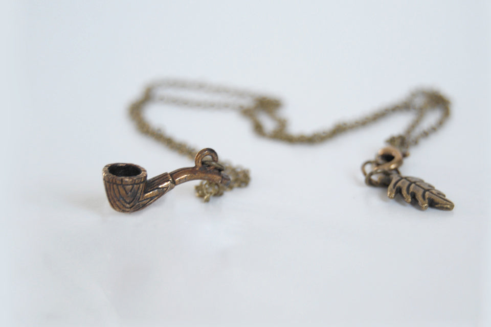 Gandalf the Grey | Brass Wizard Pipe Charm Necklace | Lord of the Rings Necklace - Enchanted Leaves - Nature Jewelry - Unique Handmade Gifts