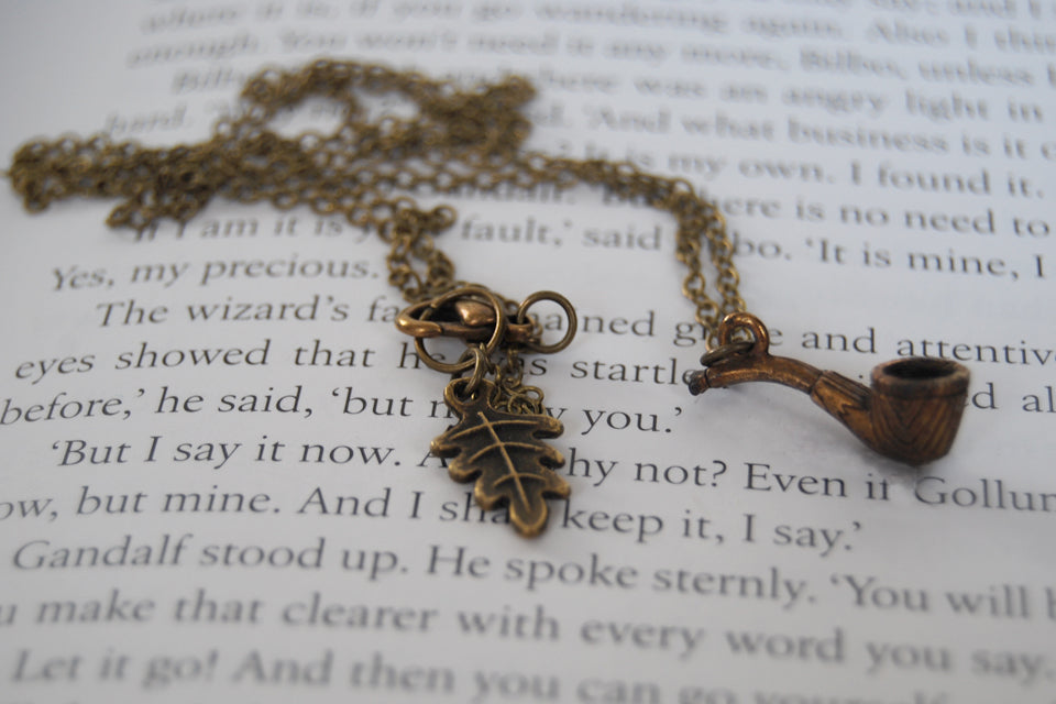 Gandalf the Grey | Brass Wizard Pipe Charm Necklace | Lord of the Rings Necklace - Enchanted Leaves - Nature Jewelry - Unique Handmade Gifts