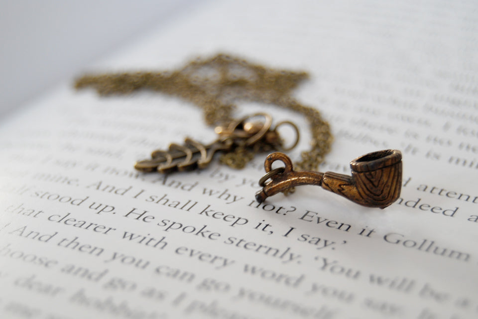 Gandalf the Grey | Brass Wizard Pipe Charm Necklace | Lord of the Rings Necklace - Enchanted Leaves - Nature Jewelry - Unique Handmade Gifts