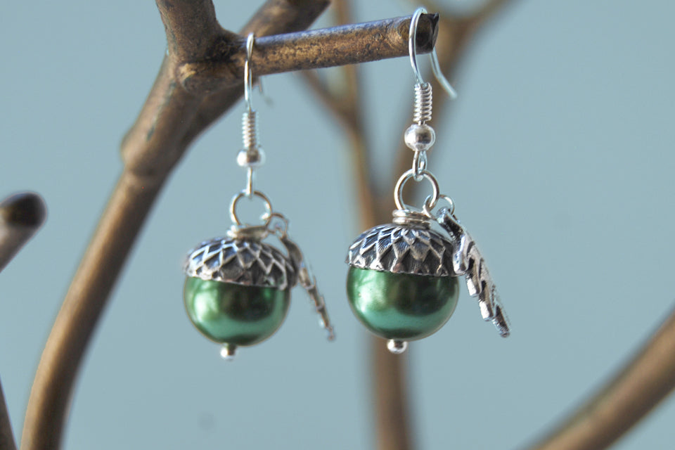 Silver Acorn Earrings | Pearl or Gemstone Acorn Charm Earrings | Fall Acorn Earrings - Enchanted Leaves - Nature Jewelry - Unique Handmade Gifts