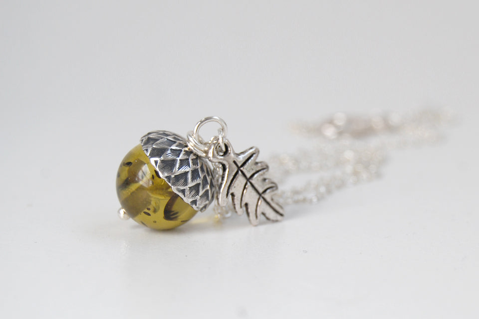 Green Amber and Silver Acorn Necklace | Cute Nature Acorn Charm Necklace | Green Amber Acorn Necklace | Woodland Acorn | Nature Jewelry - Enchanted Leaves - Nature Jewelry - Unique Handmade Gifts