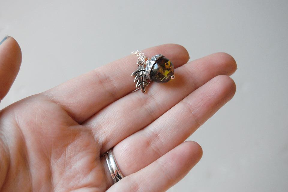 Green Amber and Silver Acorn Necklace | Cute Nature Acorn Charm Necklace | Green Amber Acorn Necklace | Woodland Acorn | Nature Jewelry - Enchanted Leaves - Nature Jewelry - Unique Handmade Gifts