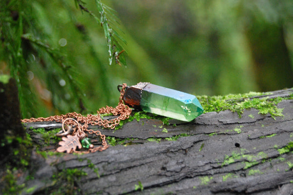 Green Forest Aura Crystal Necklace | Electroformed Crystal Necklace | Green Quartz Pendant - Enchanted Leaves - Nature Jewelry - Unique Handmade Gifts