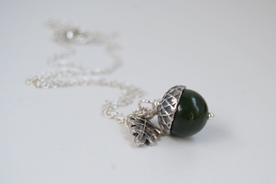 Green Jade and Silver Acorn Necklace | Cute Nature Acorn Charm Necklace | Forest Acorn Necklace | Woodland Gemstone Acorn | Nature Jewelry - Enchanted Leaves - Nature Jewelry - Unique Handmade Gifts