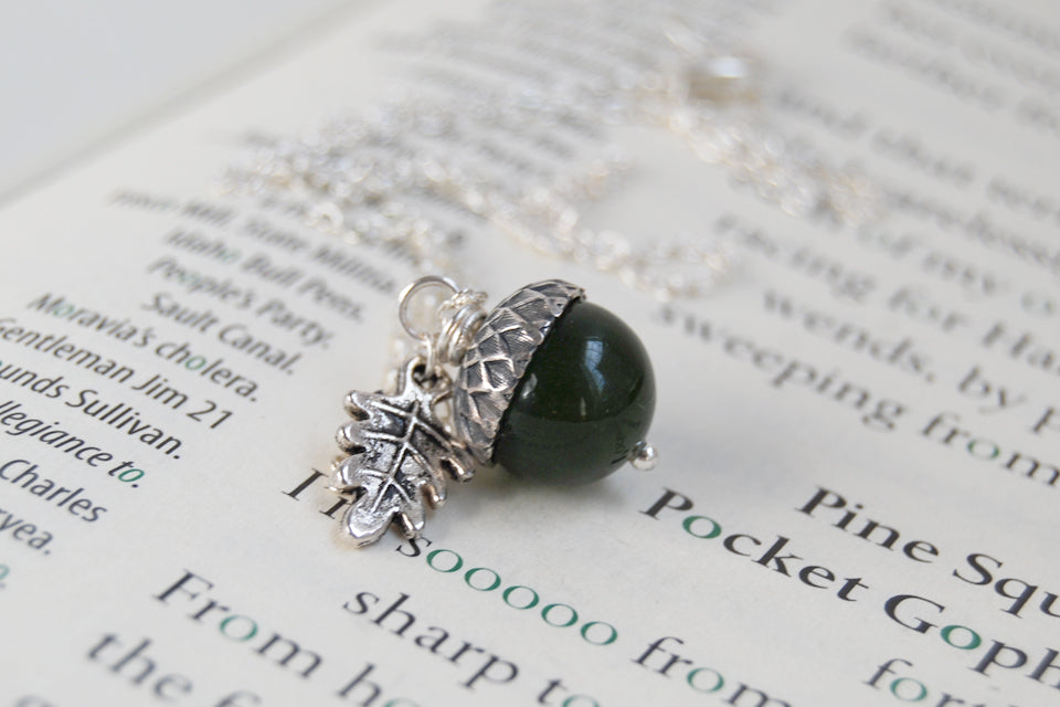 Green Jade and Silver Acorn Necklace | Cute Nature Acorn Charm Necklace | Forest Acorn Necklace | Woodland Gemstone Acorn | Nature Jewelry - Enchanted Leaves - Nature Jewelry - Unique Handmade Gifts