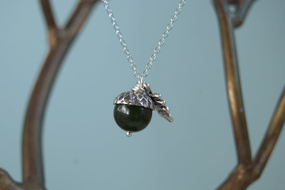 Green Jade and Silver Acorn Necklace | Cute Nature Acorn Charm Necklace | Forest Acorn Necklace | Woodland Gemstone Acorn | Nature Jewelry - Enchanted Leaves - Nature Jewelry - Unique Handmade Gifts