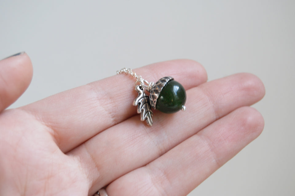 Green Jade and Silver Acorn Necklace | Cute Nature Acorn Charm Necklace | Forest Acorn Necklace | Woodland Gemstone Acorn | Nature Jewelry - Enchanted Leaves - Nature Jewelry - Unique Handmade Gifts