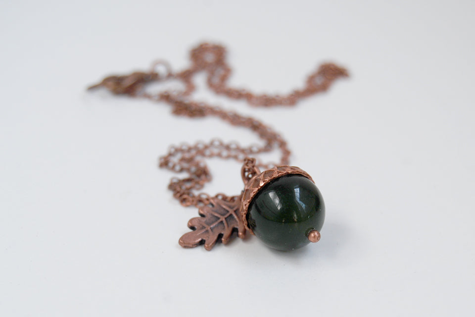 Green Jade and Copper Acorn Necklace | Cute Nature Acorn Charm Necklace | Forest Acorn Necklace | Woodland Gemstone Acorn | Nature Jewelry - Enchanted Leaves - Nature Jewelry - Unique Handmade Gifts