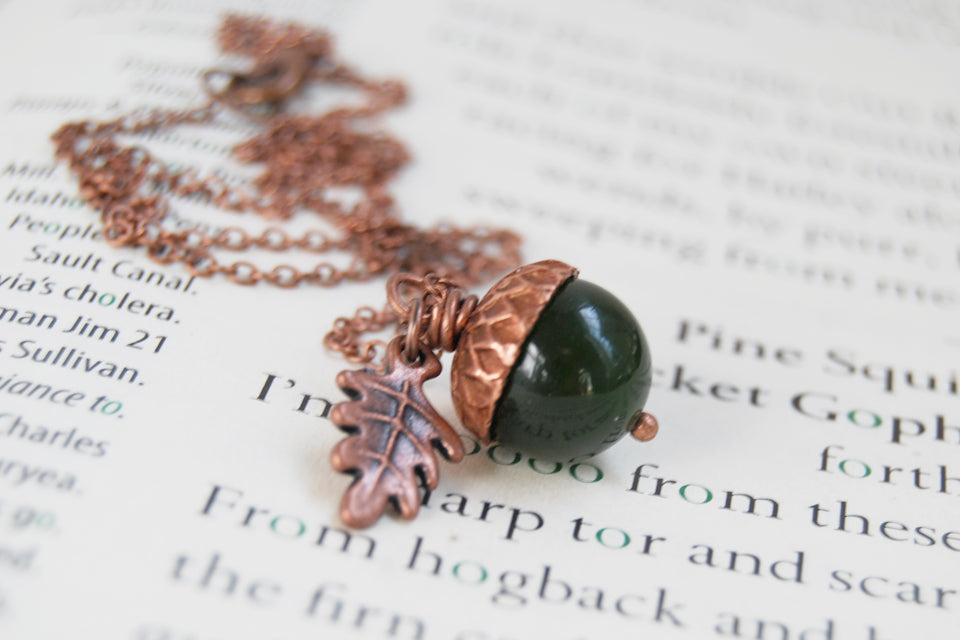 Green Jade and Copper Acorn Necklace | Cute Nature Acorn Charm Necklace | Forest Acorn Necklace | Woodland Gemstone Acorn | Nature Jewelry - Enchanted Leaves - Nature Jewelry - Unique Handmade Gifts