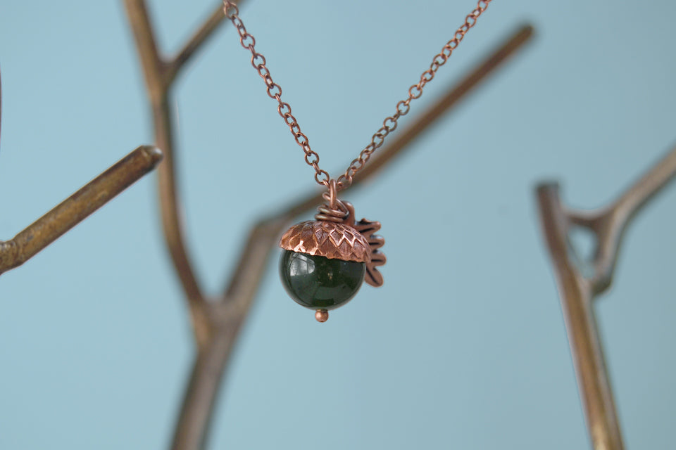 Green Jade and Copper Acorn Necklace | Cute Nature Acorn Charm Necklace | Forest Acorn Necklace | Woodland Gemstone Acorn | Nature Jewelry - Enchanted Leaves - Nature Jewelry - Unique Handmade Gifts