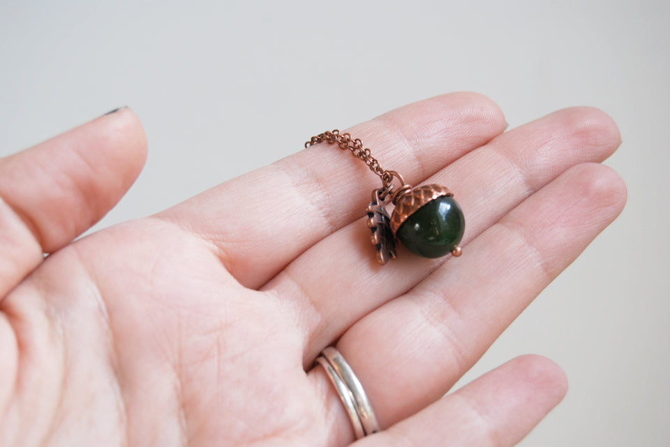 Green Jade and Copper Acorn Necklace | Cute Nature Acorn Charm Necklace | Forest Acorn Necklace | Woodland Gemstone Acorn | Nature Jewelry - Enchanted Leaves - Nature Jewelry - Unique Handmade Gifts