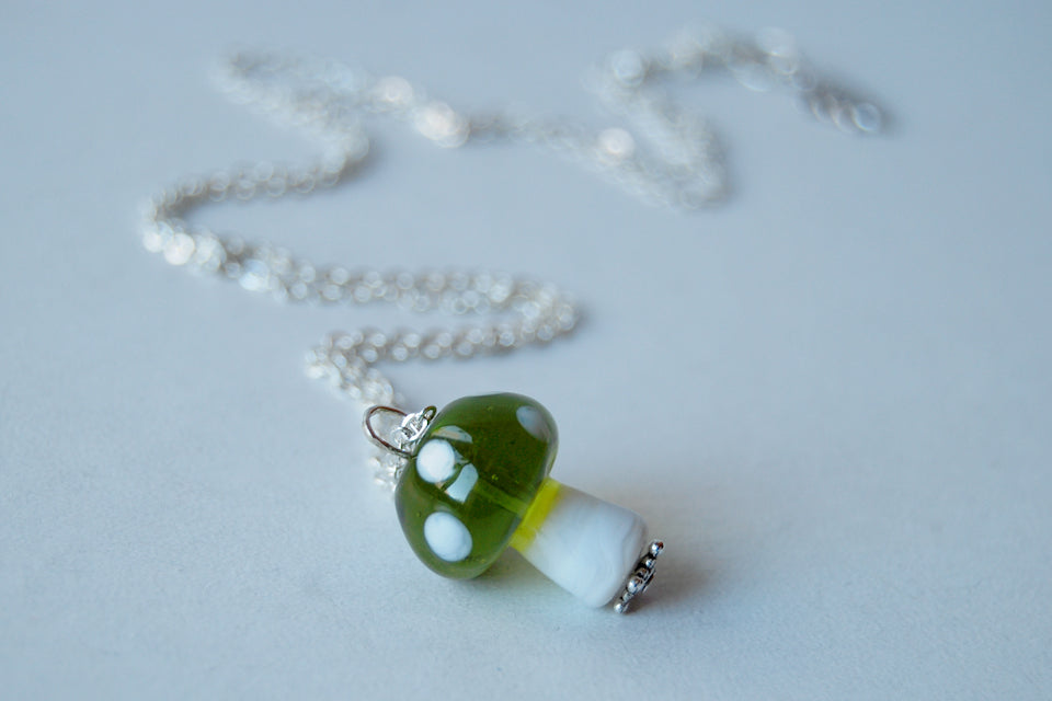 Green 1Up Mushroom Necklace | Green Glass Toadstool Necklace | Glass Mushroom Pendant - Enchanted Leaves - Nature Jewelry - Unique Handmade Gifts