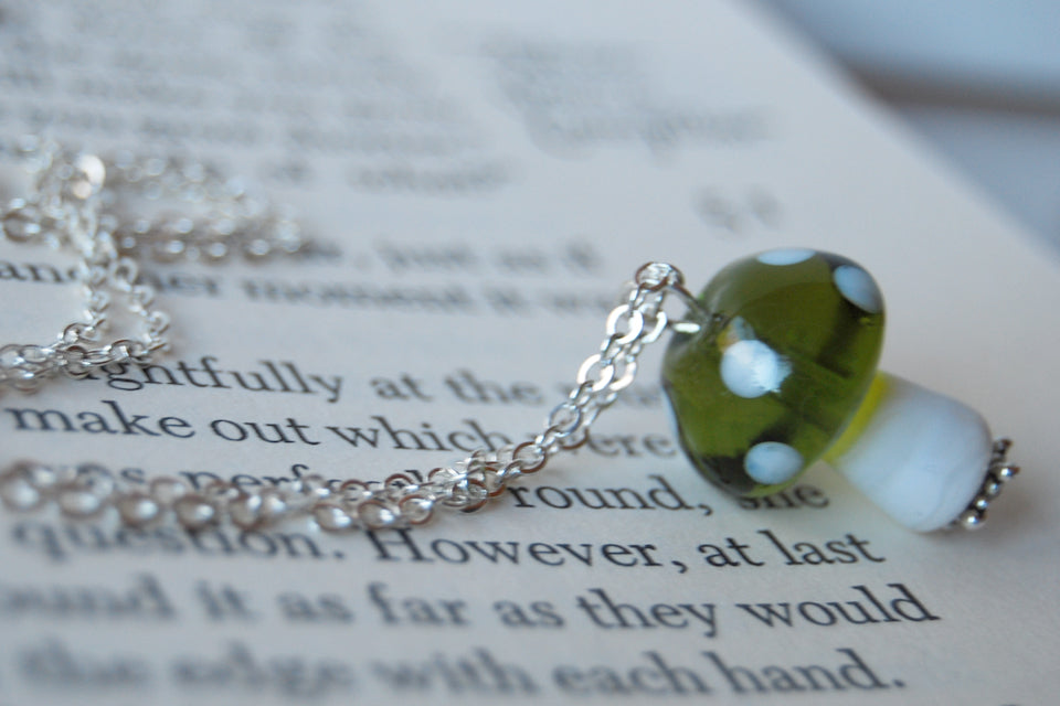Green 1Up Mushroom Necklace | Green Glass Toadstool Necklace | Glass Mushroom Pendant - Enchanted Leaves - Nature Jewelry - Unique Handmade Gifts