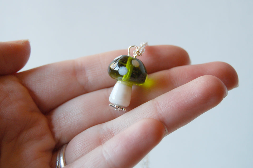 Green 1Up Mushroom Necklace | Green Glass Toadstool Necklace | Glass Mushroom Pendant - Enchanted Leaves - Nature Jewelry - Unique Handmade Gifts