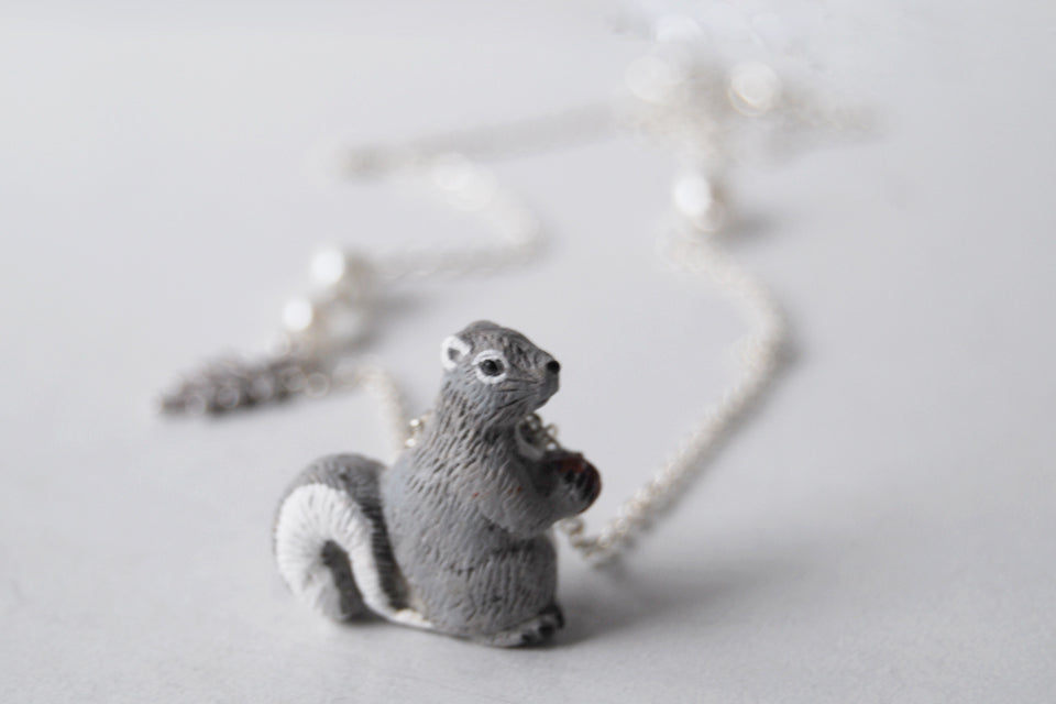 Grey Squirrel Necklace | Cute Squirrel Charm Necklace | Fall Jewelry - Enchanted Leaves - Nature Jewelry - Unique Handmade Gifts