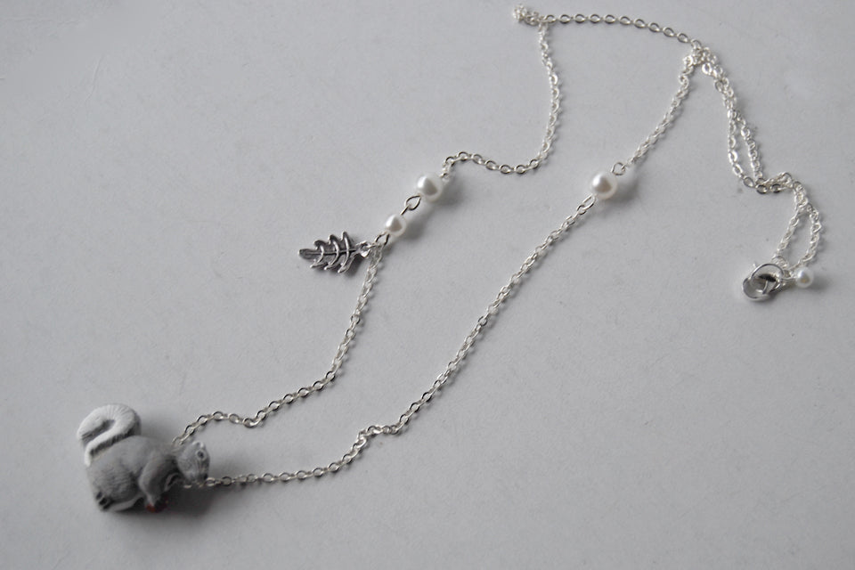 Grey Squirrel Necklace | Cute Squirrel Charm Necklace | Fall Jewelry - Enchanted Leaves - Nature Jewelry - Unique Handmade Gifts
