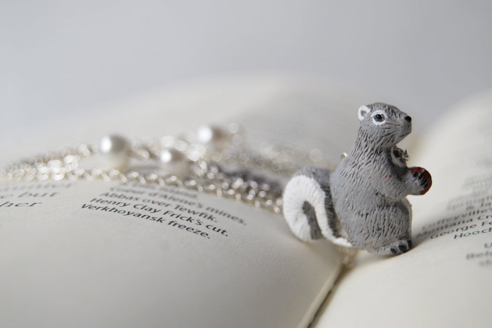 Grey Squirrel Necklace | Cute Squirrel Charm Necklace | Fall Jewelry - Enchanted Leaves - Nature Jewelry - Unique Handmade Gifts