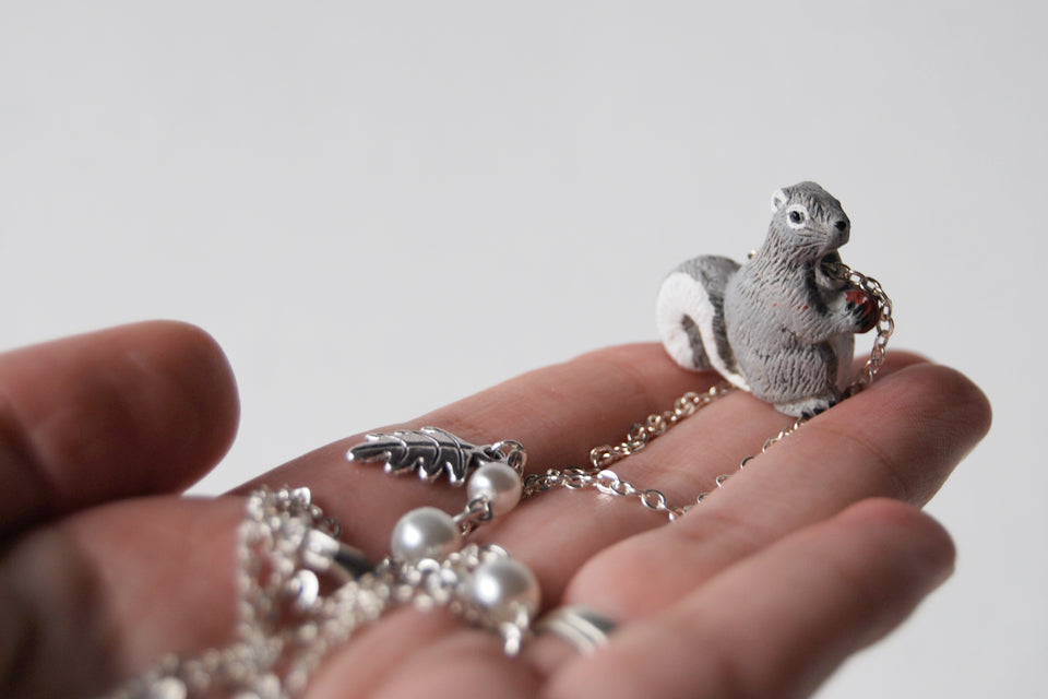 Grey Squirrel Necklace | Cute Squirrel Charm Necklace | Fall Jewelry - Enchanted Leaves - Nature Jewelry - Unique Handmade Gifts